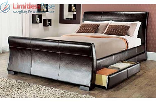4ft6-Double-size-leather-sleigh-bed-with-storage-4X-drawers-Brown-0