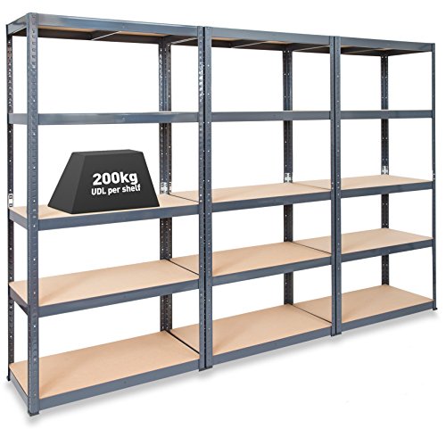 Pack-of-3-Extra-Deep-STORALEX-Garage-Shelving-Racking-Units--UKs-Bestselling-Garage-Storage-Shelves-600mm-Deep-Version-200kg-Per-Shelf-Evenly-Distributed-5-Tier-Shelf-Unit-Metal-MDF-Boltless-Assembly--0